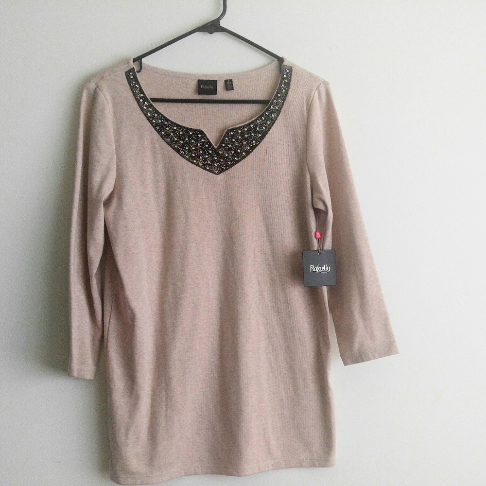 Rafaella Mid-Sleeve Top With Bedazzled Collar